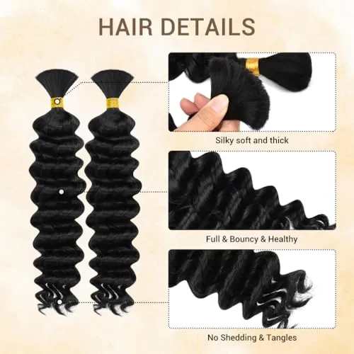 Human Braiding Hair for Boho Knotless Braids 2 Bundles 16 Inches 80g Deep Wave 10A Brazilian Virgin Human Bohemian Hair for Braiding Natural Black 1B