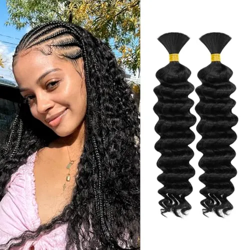 Human Braiding Hair for Boho Knotless Braids 2 Bundles 16 Inches 80g Deep Wave 10A Brazilian Virgin Human Bohemian Hair for Braiding Natural Black 1B
