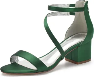 Hyinlays Women's Low Wedding Heel Open Toe Ankle Strap Block Chunky Heels Sandals for Bride Evening Party Dress Pump Shoes