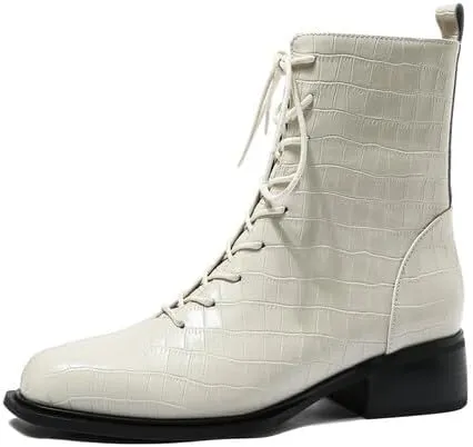 iadore Women's Ankle Boots Fashion Crocodile Pattern Round Toe Chunky Heel Lace-up Boots Autumn and Winter Outdoor Hiking Boots 5-12 US