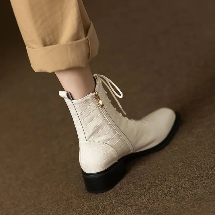 iadore Women's Ankle Boots Fashion Crocodile Pattern Round Toe Chunky Heel Lace-up Boots Autumn and Winter Outdoor Hiking Boots 5-12 US