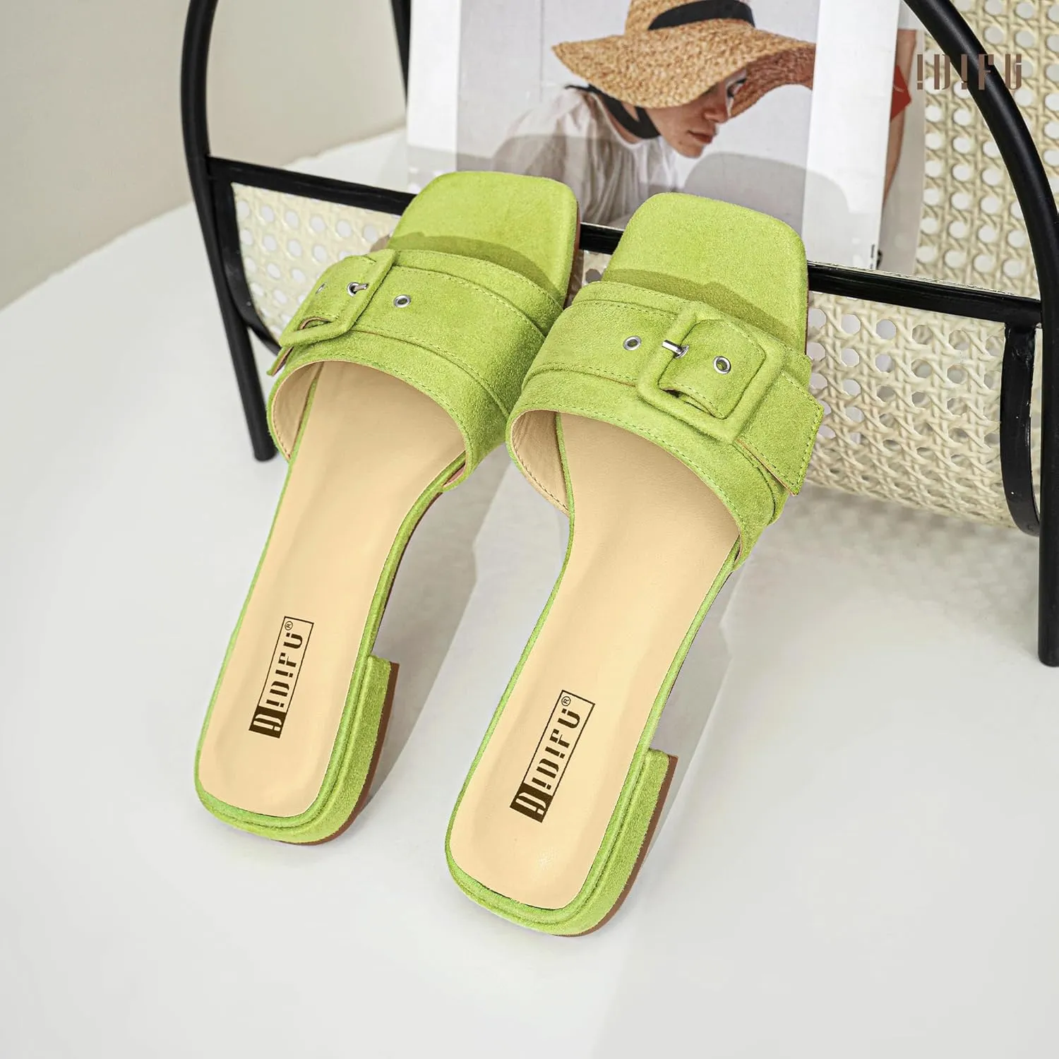 IDIFU Buckle Square Open Toe Women's Flat Sandals Slip On Strap Slide Sandals Beach Ladies Dress Sandals for Women Dressy Comfortable Cute Casual Trendy Fashion Stylish Summer Shoes Flats Sandals