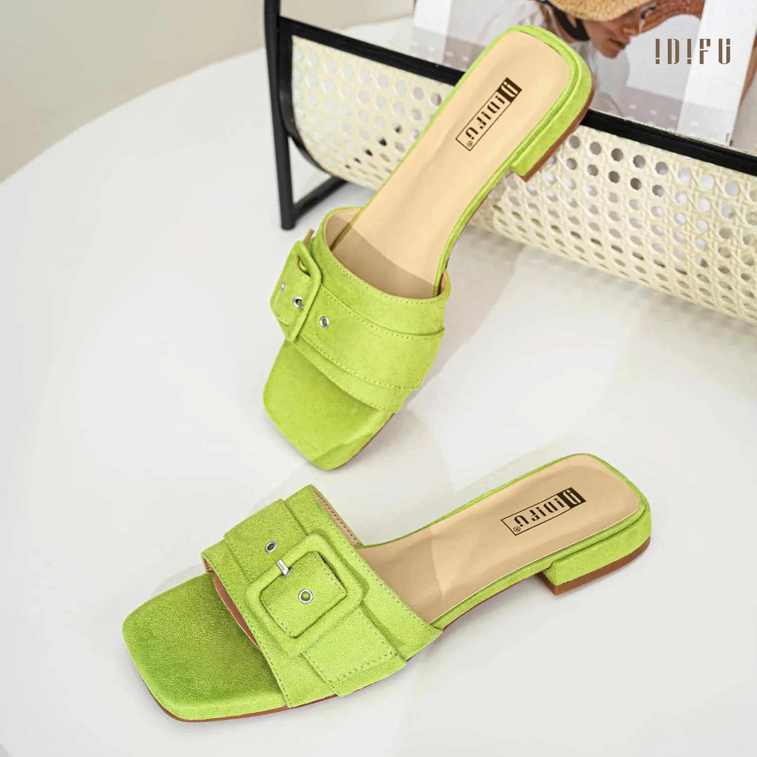 IDIFU Buckle Square Open Toe Women's Flat Sandals Slip On Strap Slide Sandals Beach Ladies Dress Sandals for Women Dressy Comfortable Cute Casual Trendy Fashion Stylish Summer Shoes Flats Sandals