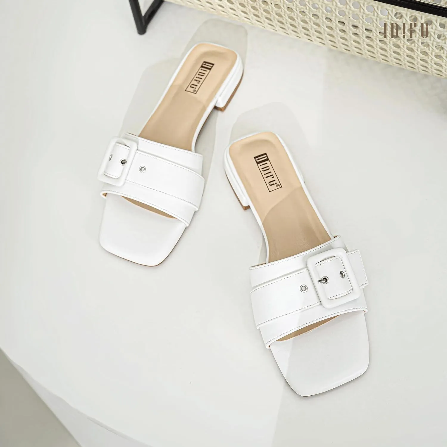 IDIFU Buckle Square Open Toe Women's Flat Sandals Slip On Strap Slide Sandals Beach Ladies Dress Sandals for Women Dressy Comfortable Cute Casual Trendy Fashion Stylish Summer Shoes Flats Sandals