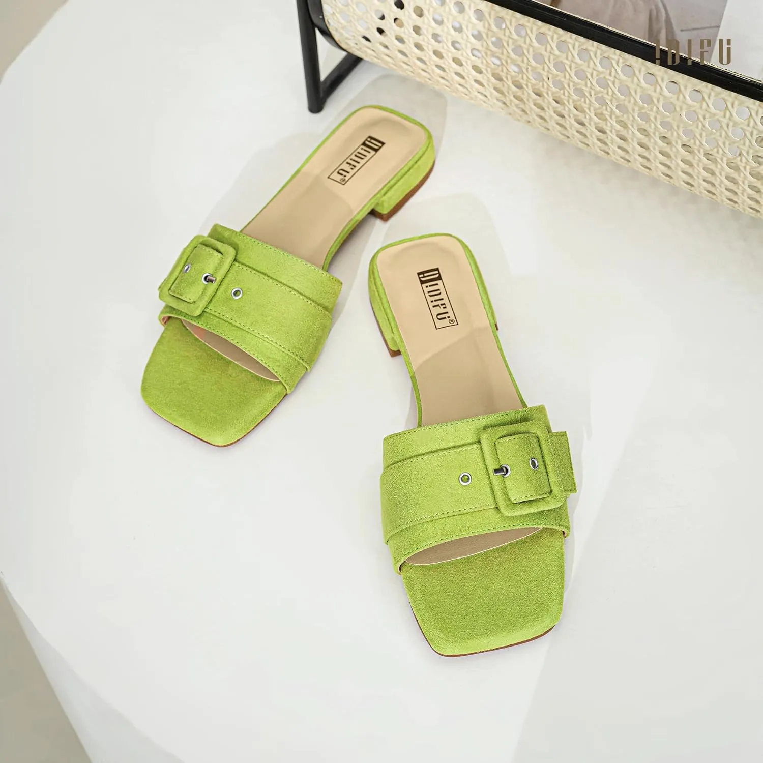 IDIFU Buckle Square Open Toe Women's Flat Sandals Slip On Strap Slide Sandals Beach Ladies Dress Sandals for Women Dressy Comfortable Cute Casual Trendy Fashion Stylish Summer Shoes Flats Sandals