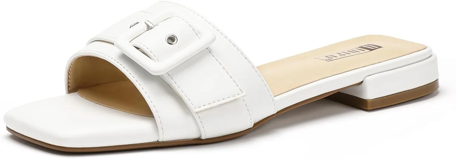 IDIFU Buckle Square Open Toe Women's Flat Sandals Slip On Strap Slide Sandals Beach Ladies Dress Sandals for Women Dressy Comfortable Cute Casual Trendy Fashion Stylish Summer Shoes Flats Sandals