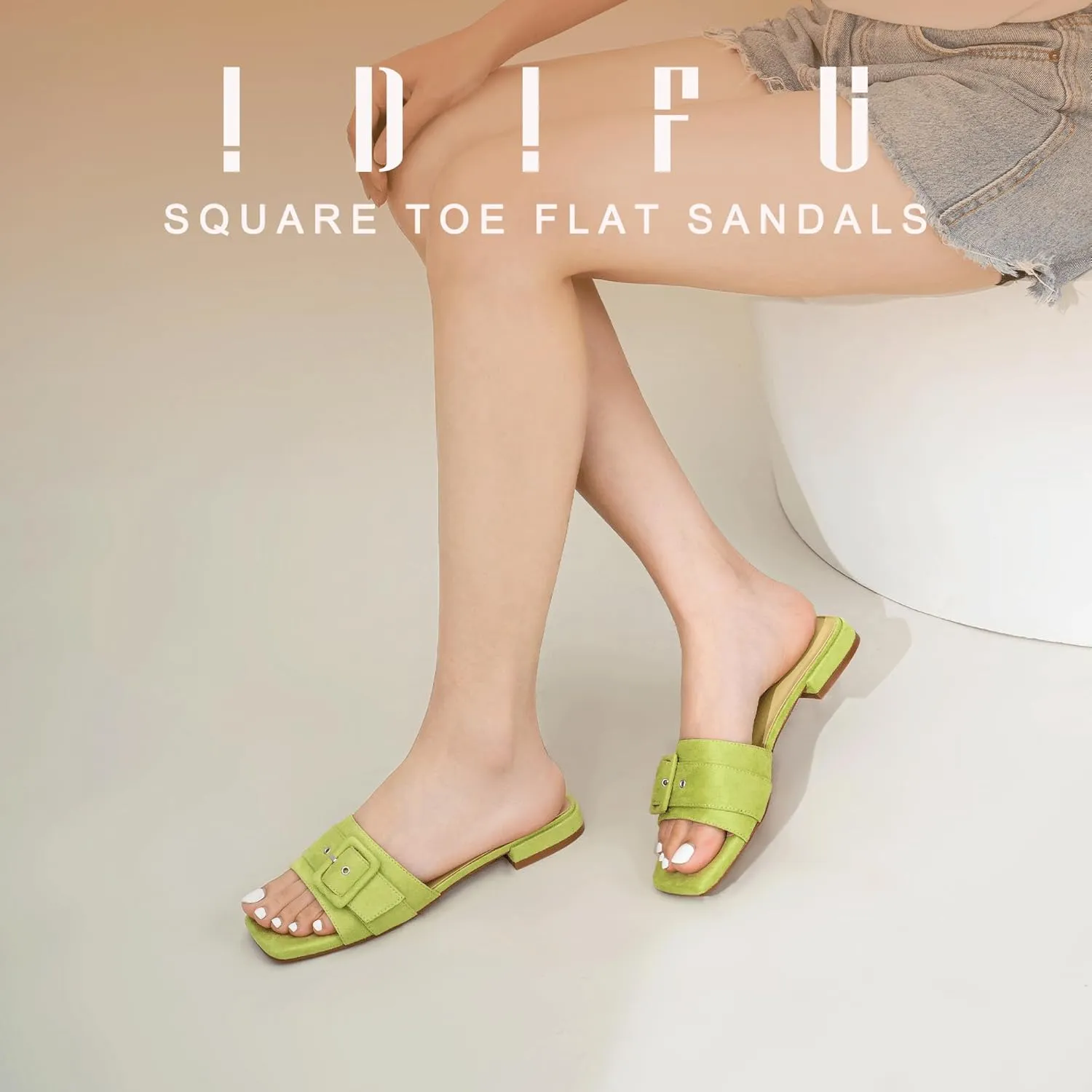 IDIFU Buckle Square Open Toe Women's Flat Sandals Slip On Strap Slide Sandals Beach Ladies Dress Sandals for Women Dressy Comfortable Cute Casual Trendy Fashion Stylish Summer Shoes Flats Sandals