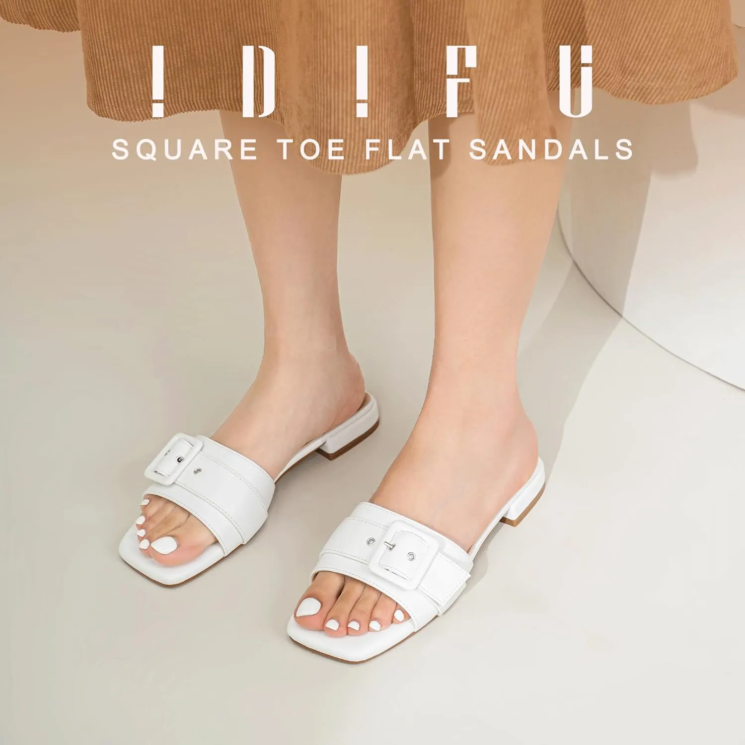 IDIFU Buckle Square Open Toe Women's Flat Sandals Slip On Strap Slide Sandals Beach Ladies Dress Sandals for Women Dressy Comfortable Cute Casual Trendy Fashion Stylish Summer Shoes Flats Sandals