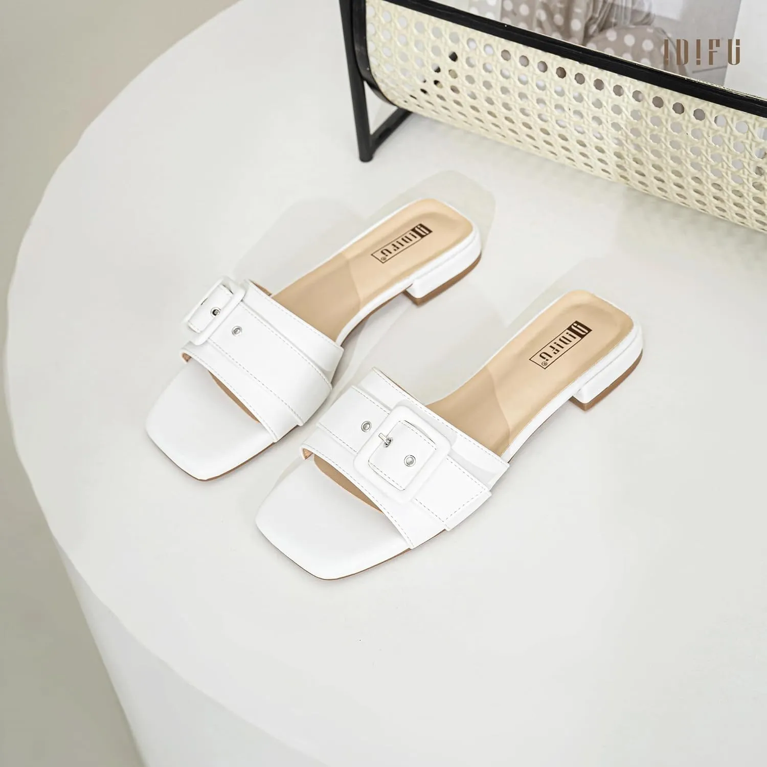 IDIFU Buckle Square Open Toe Women's Flat Sandals Slip On Strap Slide Sandals Beach Ladies Dress Sandals for Women Dressy Comfortable Cute Casual Trendy Fashion Stylish Summer Shoes Flats Sandals
