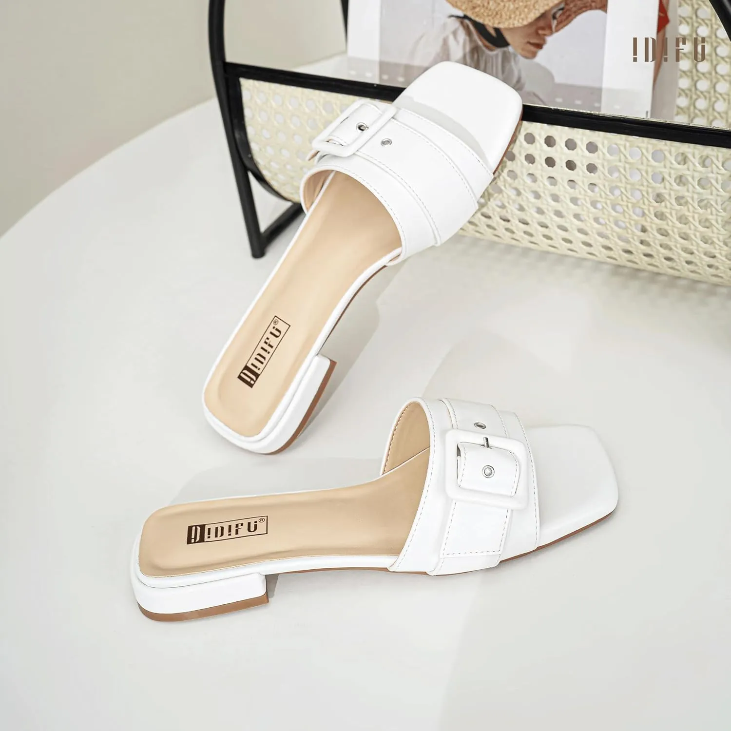 IDIFU Buckle Square Open Toe Women's Flat Sandals Slip On Strap Slide Sandals Beach Ladies Dress Sandals for Women Dressy Comfortable Cute Casual Trendy Fashion Stylish Summer Shoes Flats Sandals