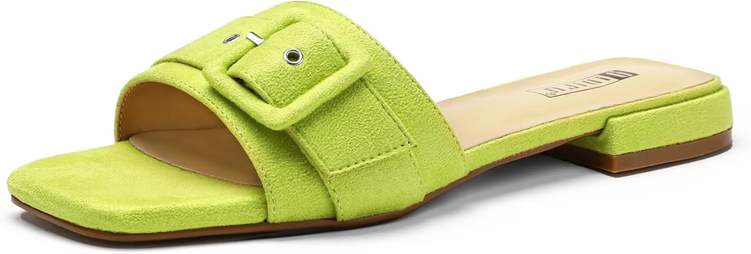 IDIFU Buckle Square Open Toe Women's Flat Sandals Slip On Strap Slide Sandals Beach Ladies Dress Sandals for Women Dressy Comfortable Cute Casual Trendy Fashion Stylish Summer Shoes Flats Sandals