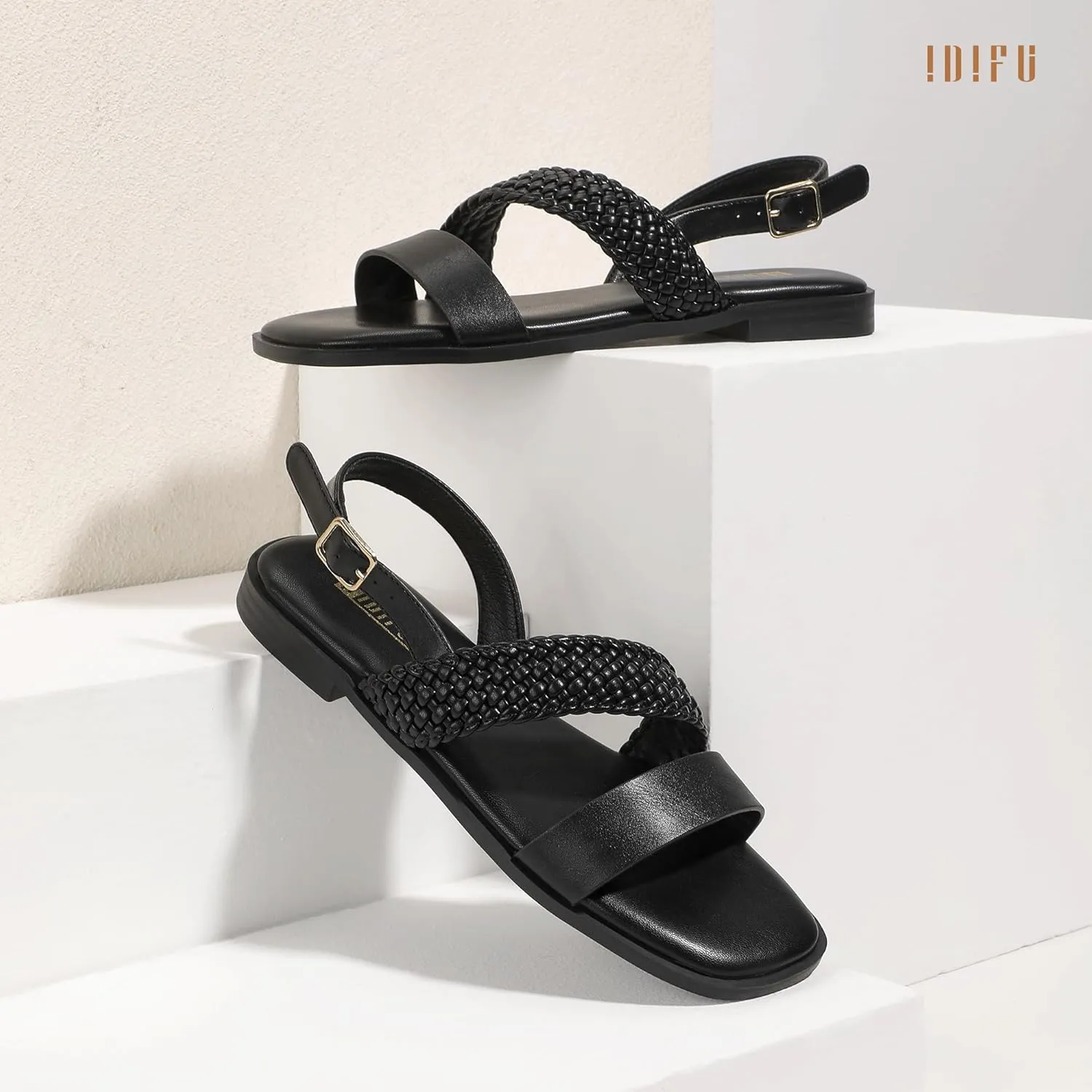 IDIFU Flat Braided Strappy Sandals for Women Square Open Toe Slingback with Buckle Adjustable Back Strap Women's Summer Beach Wedding Comfortable Cute Dressy Tendy Dress Sandals for Ladies Brides