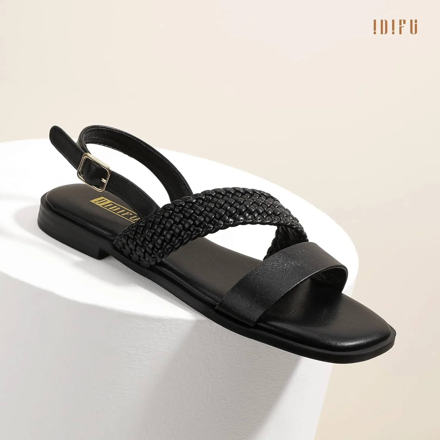 IDIFU Flat Braided Strappy Sandals for Women Square Open Toe Slingback with Buckle Adjustable Back Strap Women's Summer Beach Wedding Comfortable Cute Dressy Tendy Dress Sandals for Ladies Brides