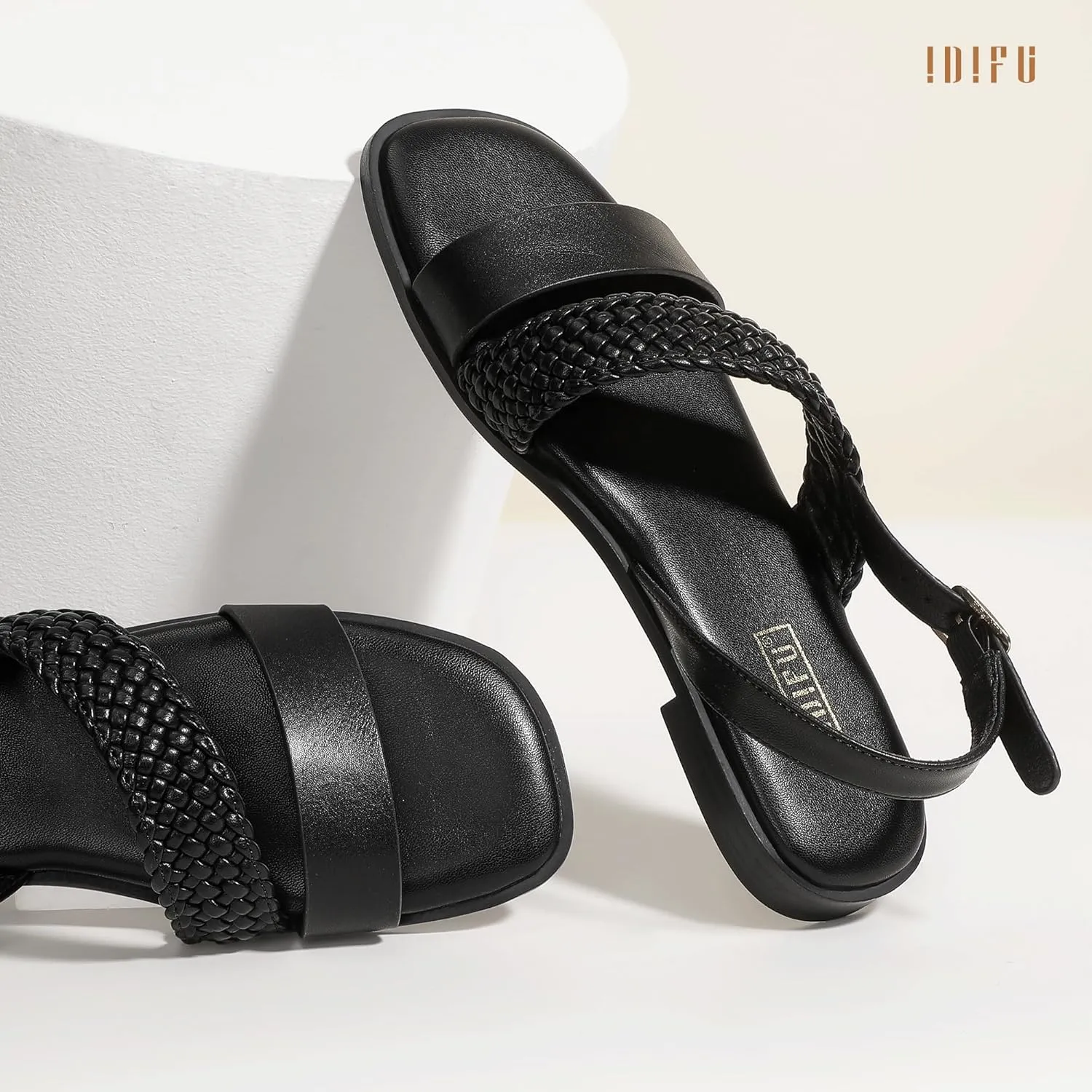 IDIFU Flat Braided Strappy Sandals for Women Square Open Toe Slingback with Buckle Adjustable Back Strap Women's Summer Beach Wedding Comfortable Cute Dressy Tendy Dress Sandals for Ladies Brides