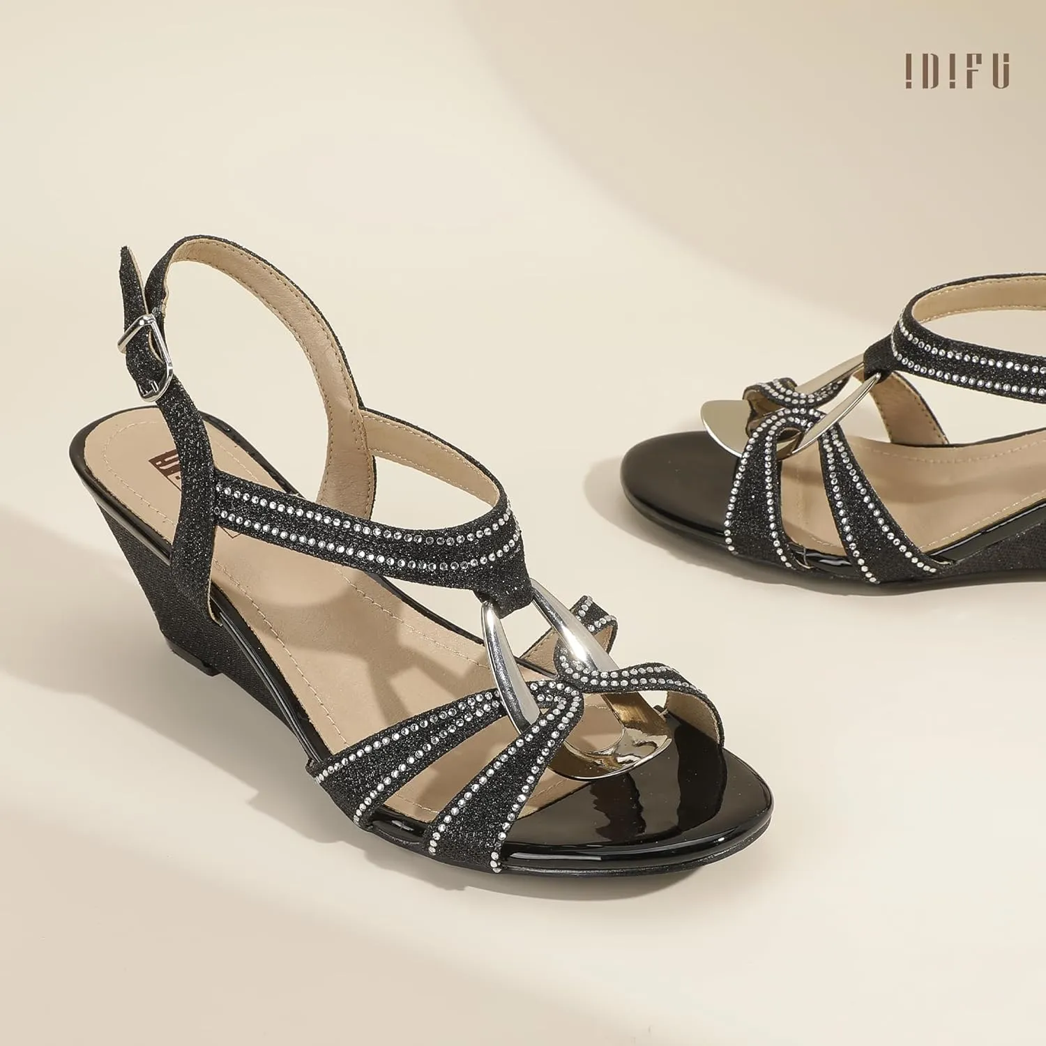 IDIFU IN2 Wedge Sandals Rhinestone Sparkly Strappy Wedge Heels with Mental Ring Comfortable Dressy Wedding Bridal Bride Party Dress Shoes for Women Low Heel Fashion Cute Bling Dress Sandals