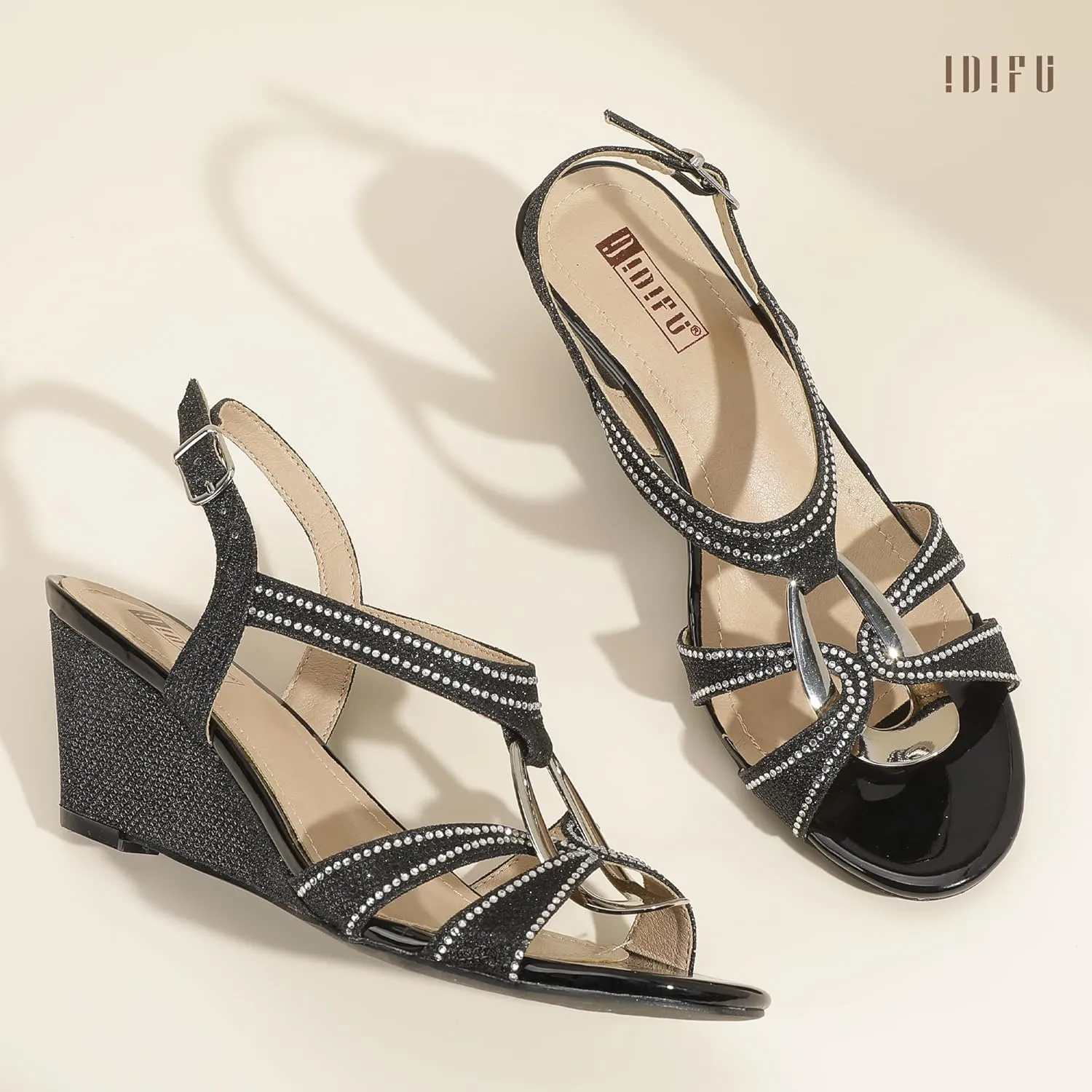IDIFU IN2 Wedge Sandals Rhinestone Sparkly Strappy Wedge Heels with Mental Ring Comfortable Dressy Wedding Bridal Bride Party Dress Shoes for Women Low Heel Fashion Cute Bling Dress Sandals
