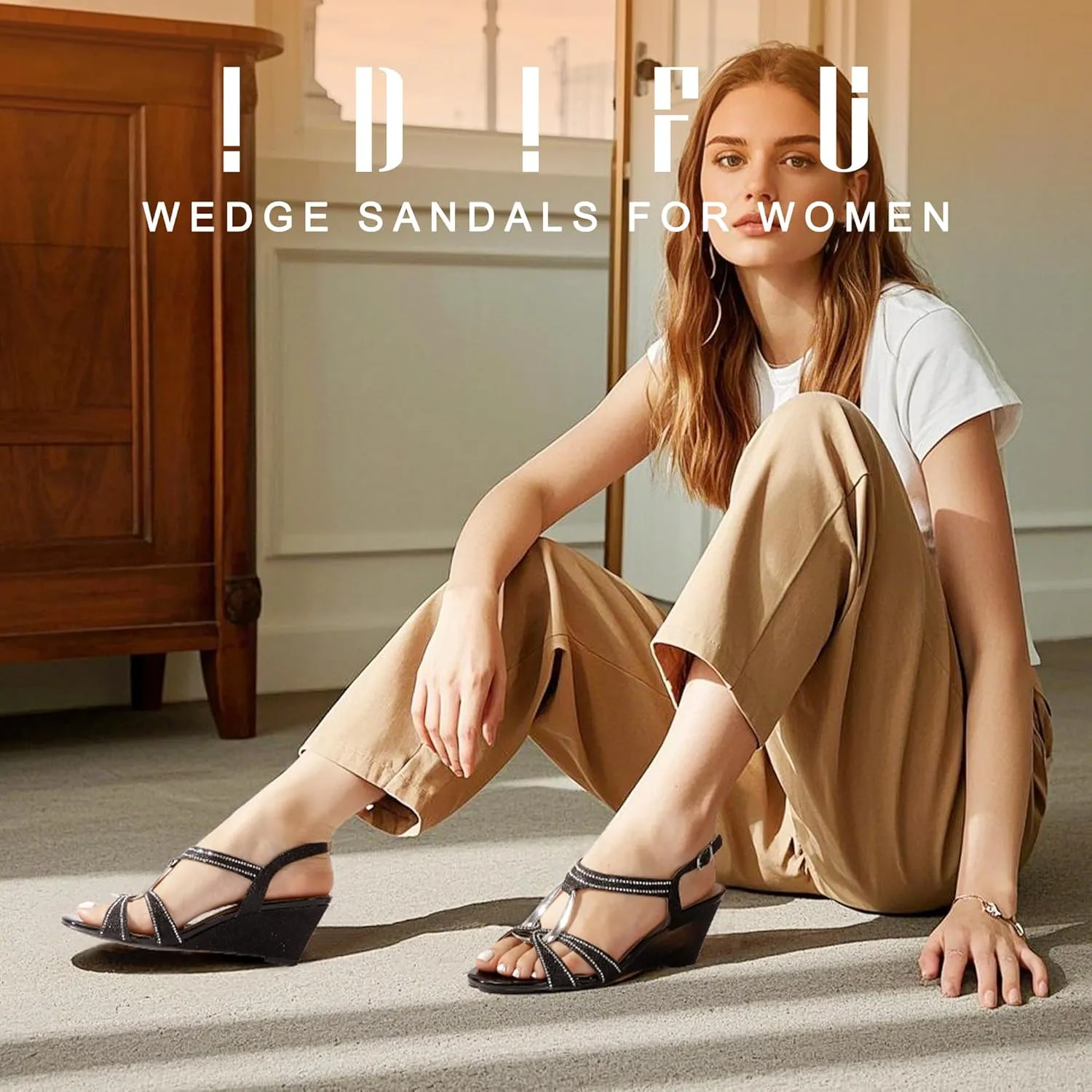IDIFU IN2 Wedge Sandals Rhinestone Sparkly Strappy Wedge Heels with Mental Ring Comfortable Dressy Wedding Bridal Bride Party Dress Shoes for Women Low Heel Fashion Cute Bling Dress Sandals