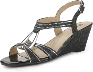 IDIFU IN2 Wedge Sandals Rhinestone Sparkly Strappy Wedge Heels with Mental Ring Comfortable Dressy Wedding Bridal Bride Party Dress Shoes for Women Low Heel Fashion Cute Bling Dress Sandals