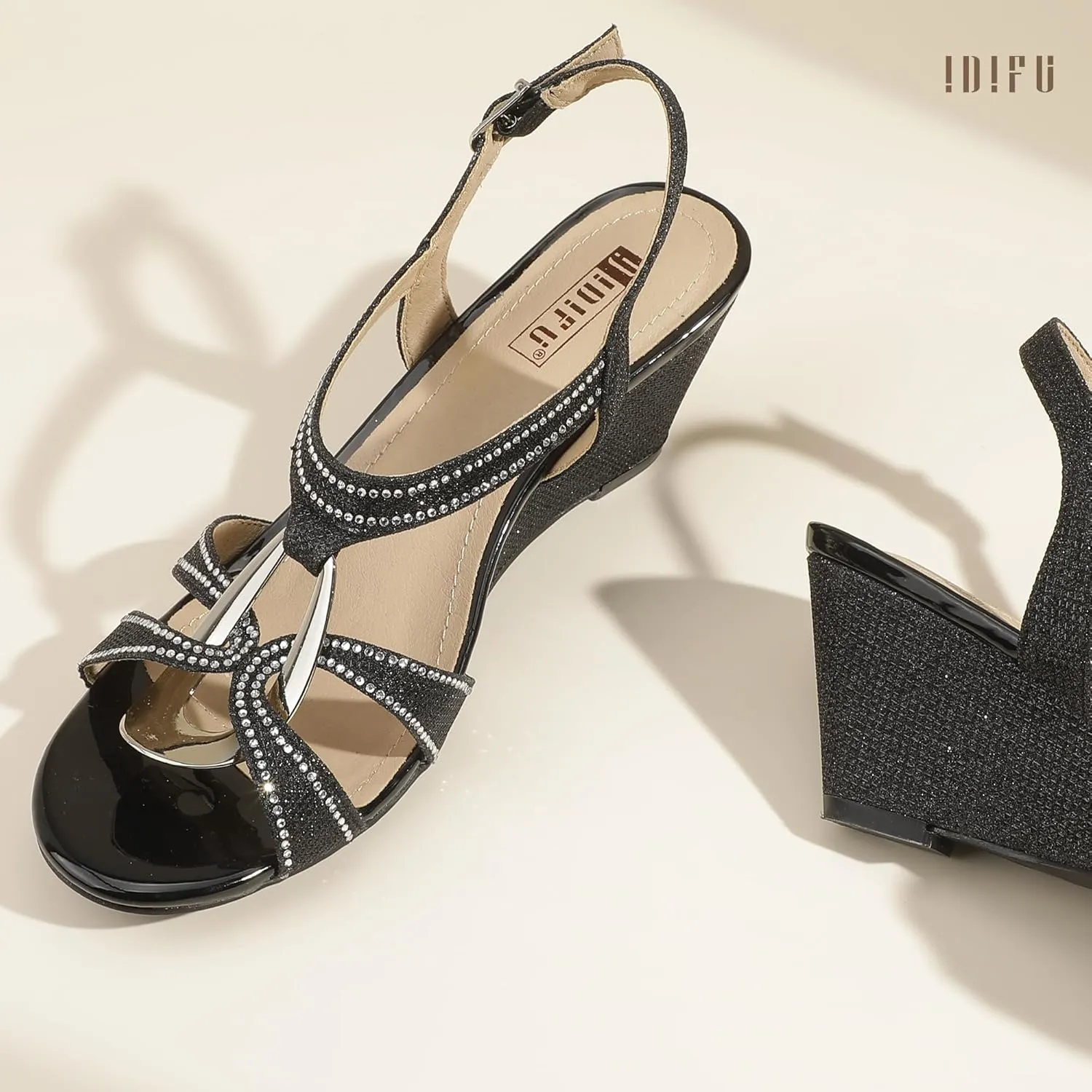 IDIFU IN2 Wedge Sandals Rhinestone Sparkly Strappy Wedge Heels with Mental Ring Comfortable Dressy Wedding Bridal Bride Party Dress Shoes for Women Low Heel Fashion Cute Bling Dress Sandals