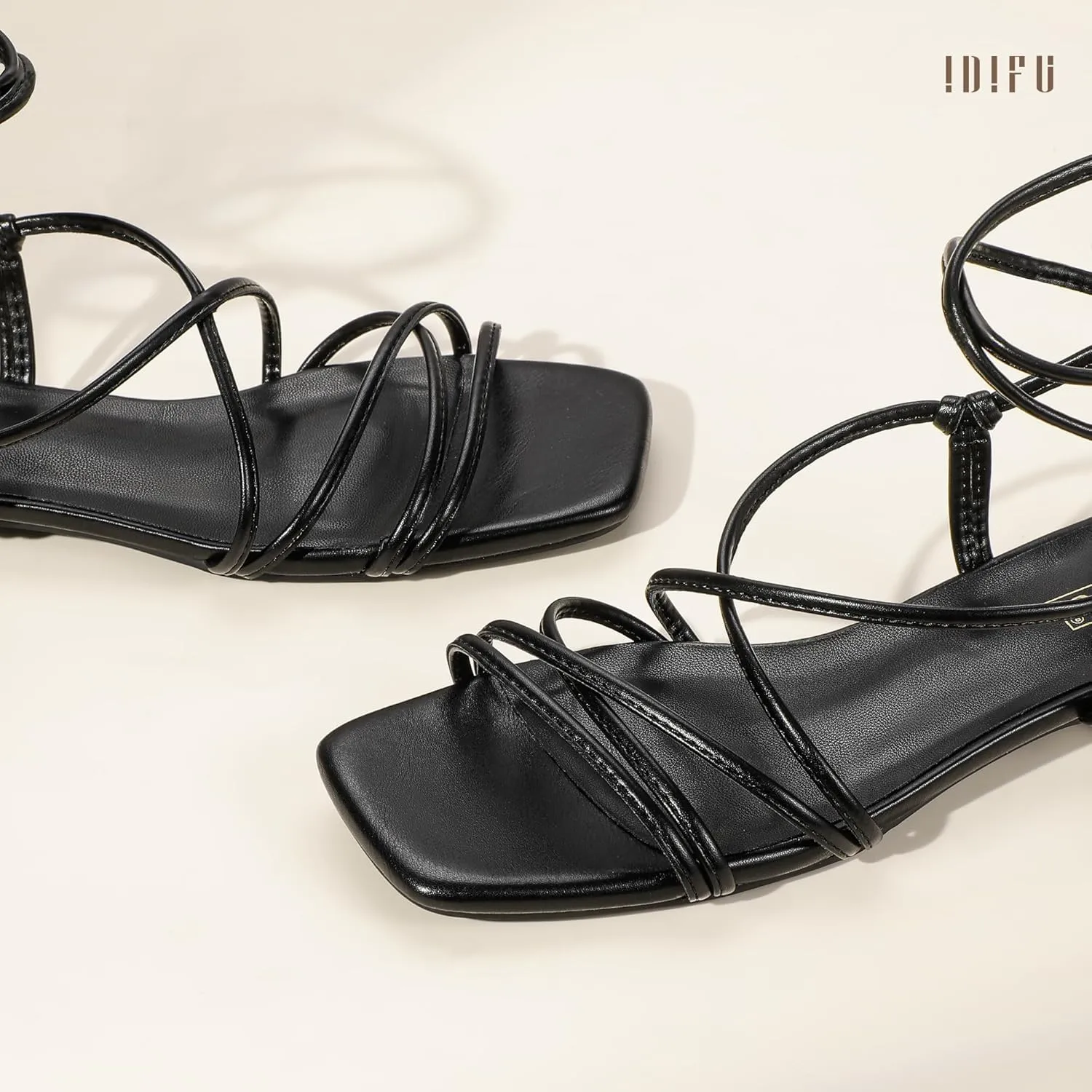 IDIFU Strappy Lace Up Flat Sandals for Women Tie Up Square Open Toe Ankle Warp Straps Dressy Gladiator Summer Beach Wedding Party Ladies Comfortable Cute Casual Trendy Dress Sandals