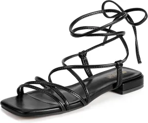IDIFU Strappy Lace Up Flat Sandals for Women Tie Up Square Open Toe Ankle Warp Straps Dressy Gladiator Summer Beach Wedding Party Ladies Comfortable Cute Casual Trendy Dress Sandals