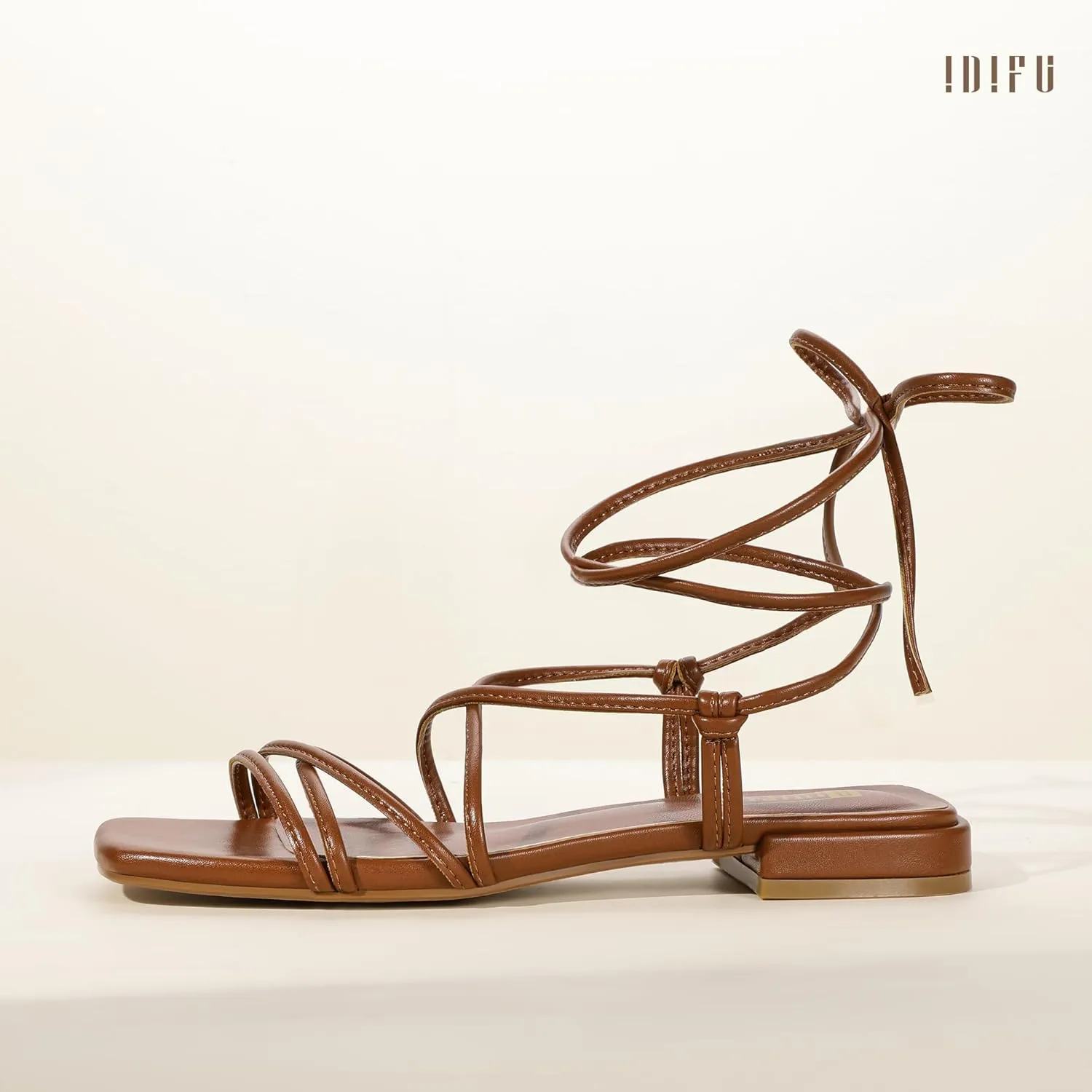 IDIFU Strappy Lace Up Flat Sandals for Women Tie Up Square Open Toe Ankle Warp Straps Dressy Gladiator Summer Beach Wedding Party Ladies Comfortable Cute Casual Trendy Dress Sandals