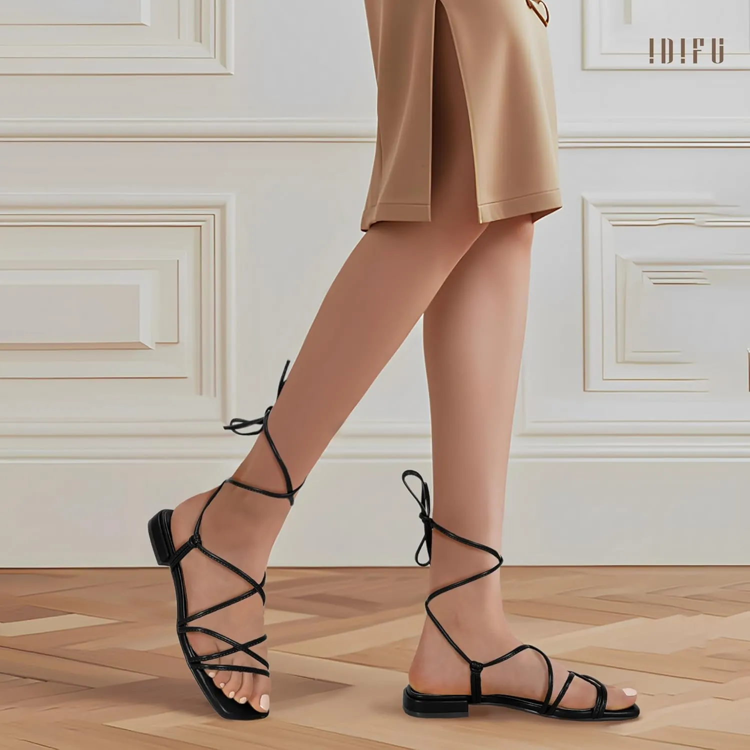 IDIFU Strappy Lace Up Flat Sandals for Women Tie Up Square Open Toe Ankle Warp Straps Dressy Gladiator Summer Beach Wedding Party Ladies Comfortable Cute Casual Trendy Dress Sandals