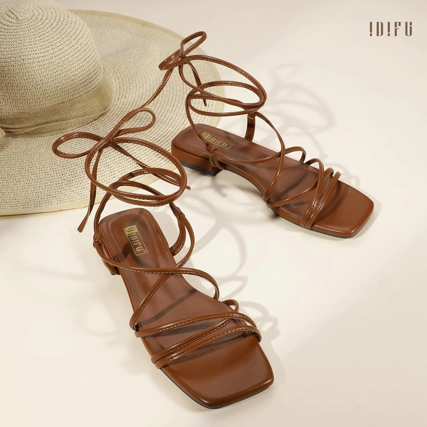 IDIFU Strappy Lace Up Flat Sandals for Women Tie Up Square Open Toe Ankle Warp Straps Dressy Gladiator Summer Beach Wedding Party Ladies Comfortable Cute Casual Trendy Dress Sandals