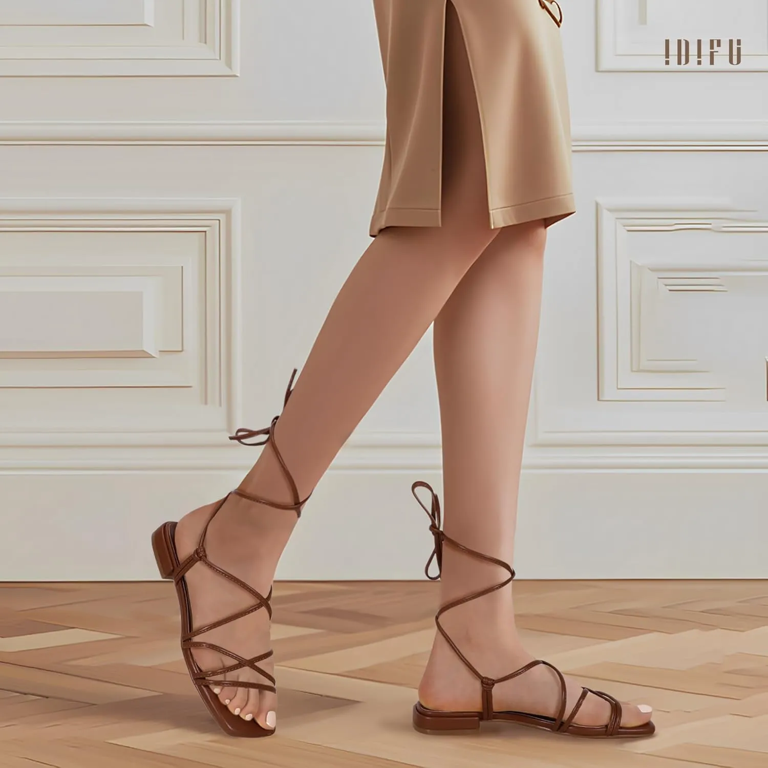 IDIFU Strappy Lace Up Flat Sandals for Women Tie Up Square Open Toe Ankle Warp Straps Dressy Gladiator Summer Beach Wedding Party Ladies Comfortable Cute Casual Trendy Dress Sandals