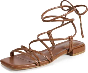 IDIFU Strappy Lace Up Flat Sandals for Women Tie Up Square Open Toe Ankle Warp Straps Dressy Gladiator Summer Beach Wedding Party Ladies Comfortable Cute Casual Trendy Dress Sandals