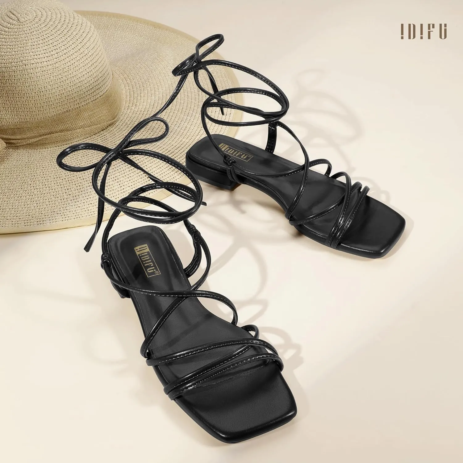 IDIFU Strappy Lace Up Flat Sandals for Women Tie Up Square Open Toe Ankle Warp Straps Dressy Gladiator Summer Beach Wedding Party Ladies Comfortable Cute Casual Trendy Dress Sandals