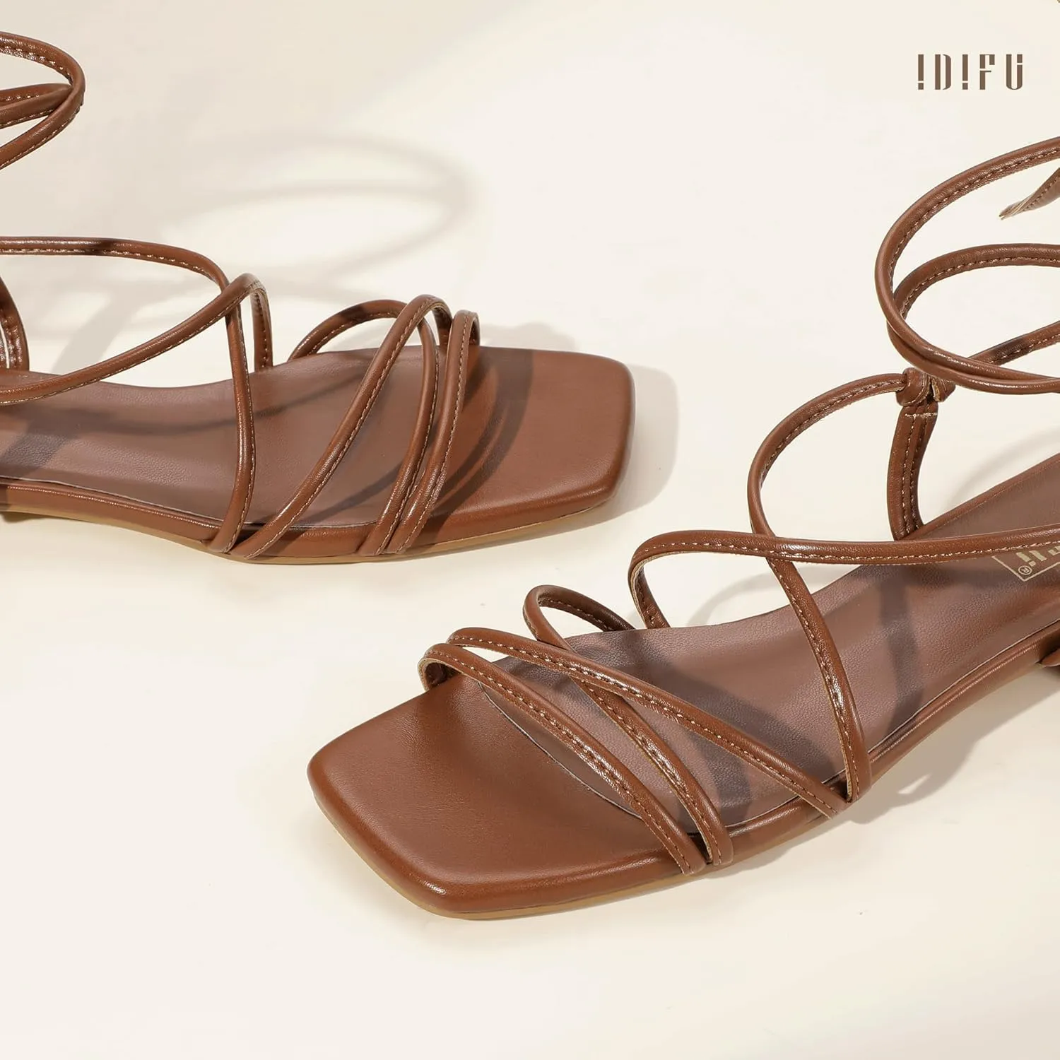 IDIFU Strappy Lace Up Flat Sandals for Women Tie Up Square Open Toe Ankle Warp Straps Dressy Gladiator Summer Beach Wedding Party Ladies Comfortable Cute Casual Trendy Dress Sandals