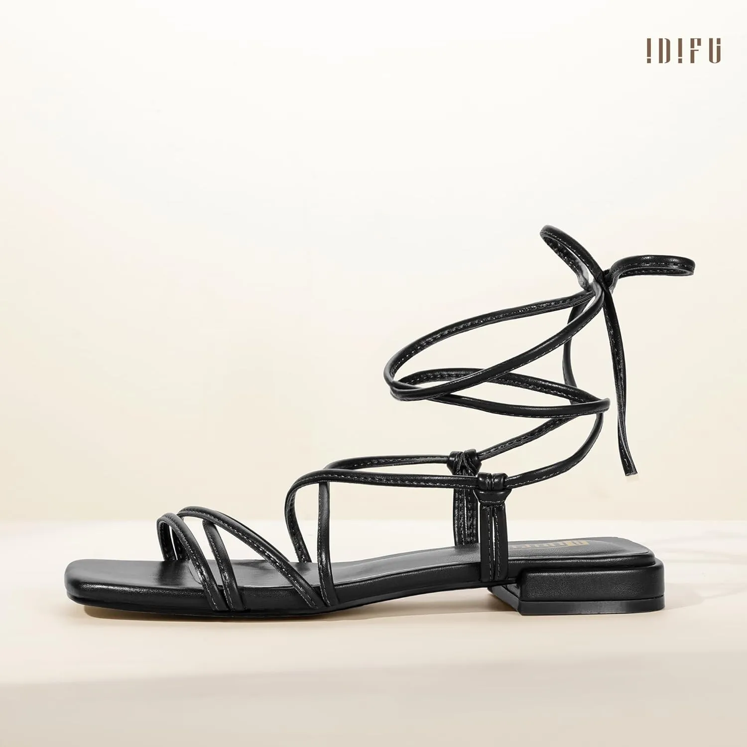 IDIFU Strappy Lace Up Flat Sandals for Women Tie Up Square Open Toe Ankle Warp Straps Dressy Gladiator Summer Beach Wedding Party Ladies Comfortable Cute Casual Trendy Dress Sandals