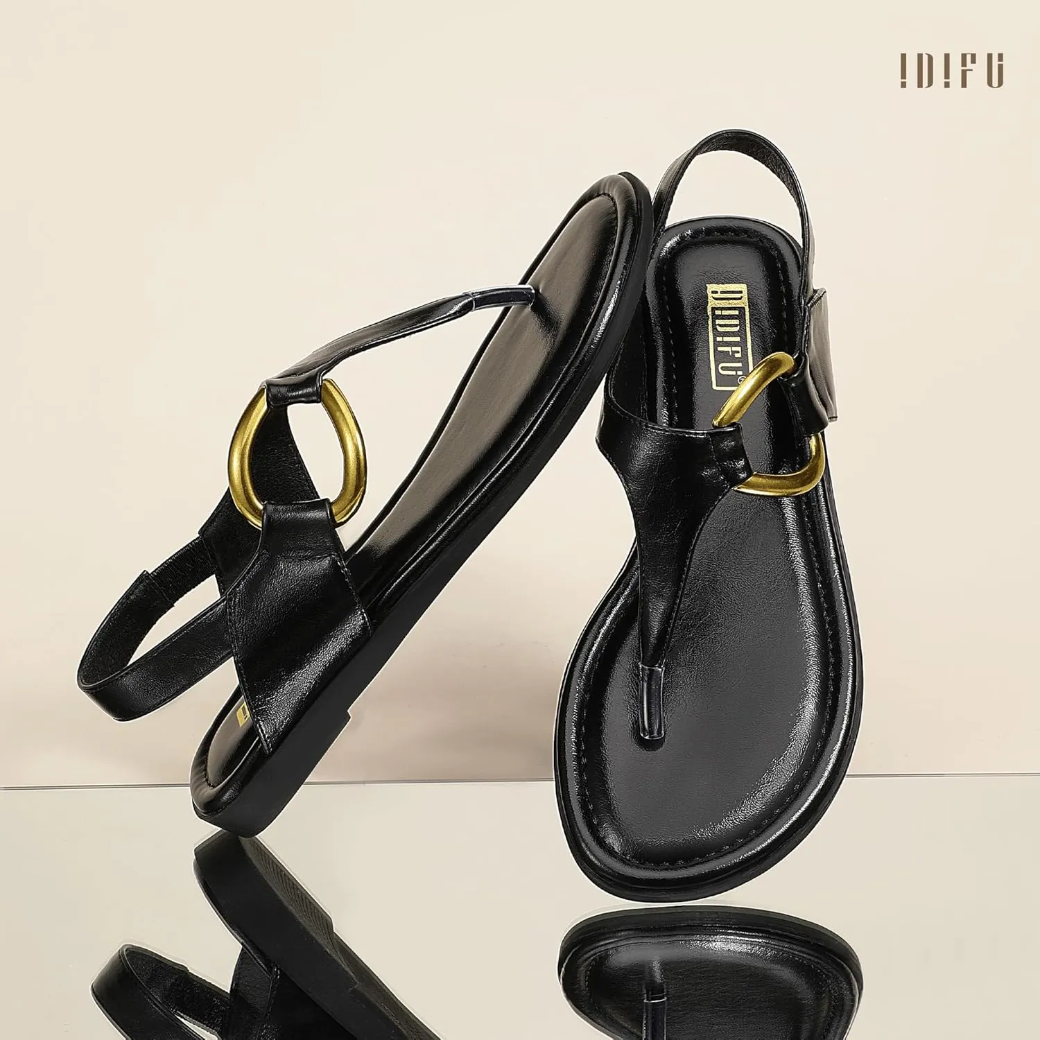 IDIFU Women's Dressy Flat Sandals Dress Thong Sandals T Strap Strappy Buckle Comfortable Sandals Summer Beach Wedding Bridal Cute Ladies Casual Fashion Trendy Flip Flops with Back Strap Flat Sandals