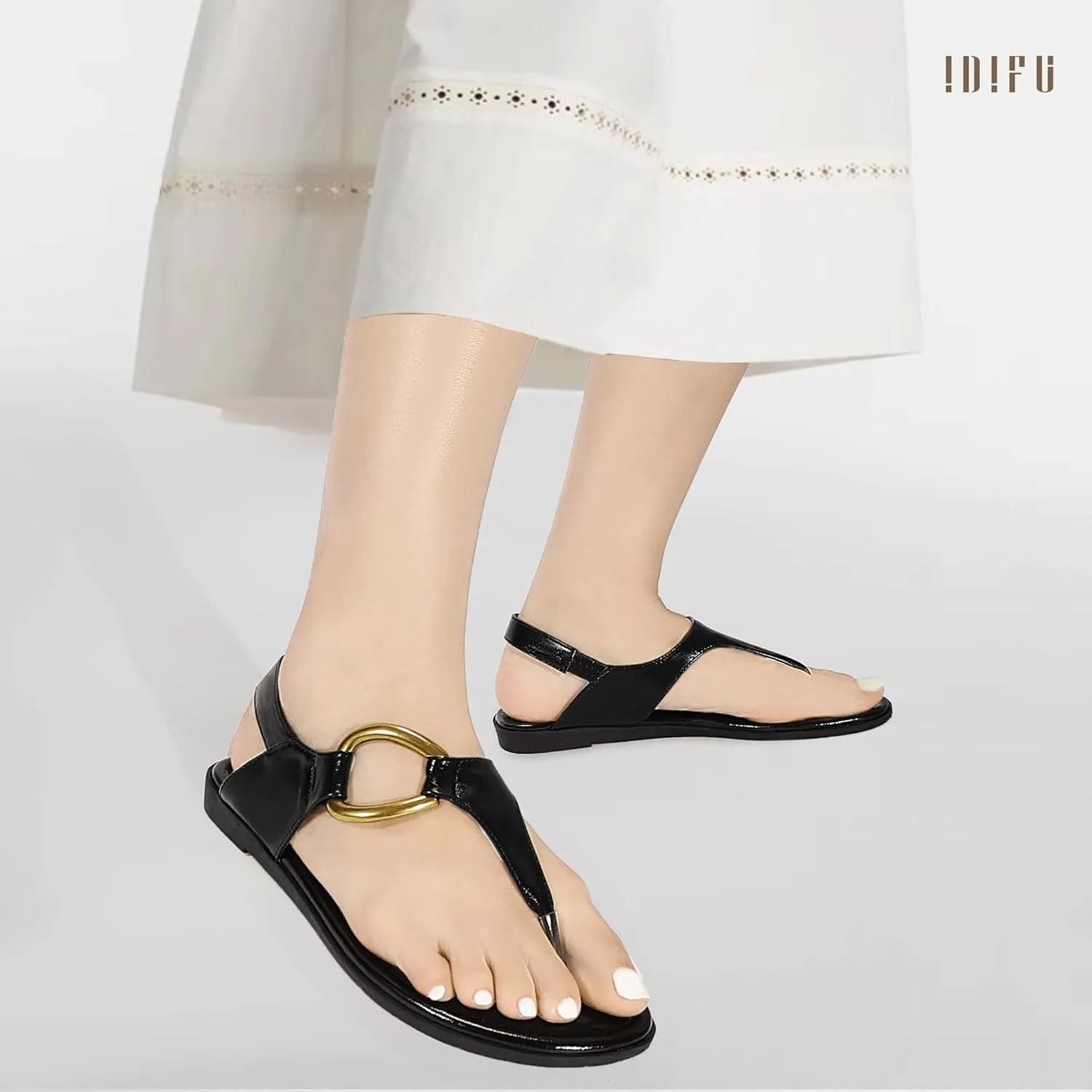 IDIFU Women's Dressy Flat Sandals Dress Thong Sandals T Strap Strappy Buckle Comfortable Sandals Summer Beach Wedding Bridal Cute Ladies Casual Fashion Trendy Flip Flops with Back Strap Flat Sandals