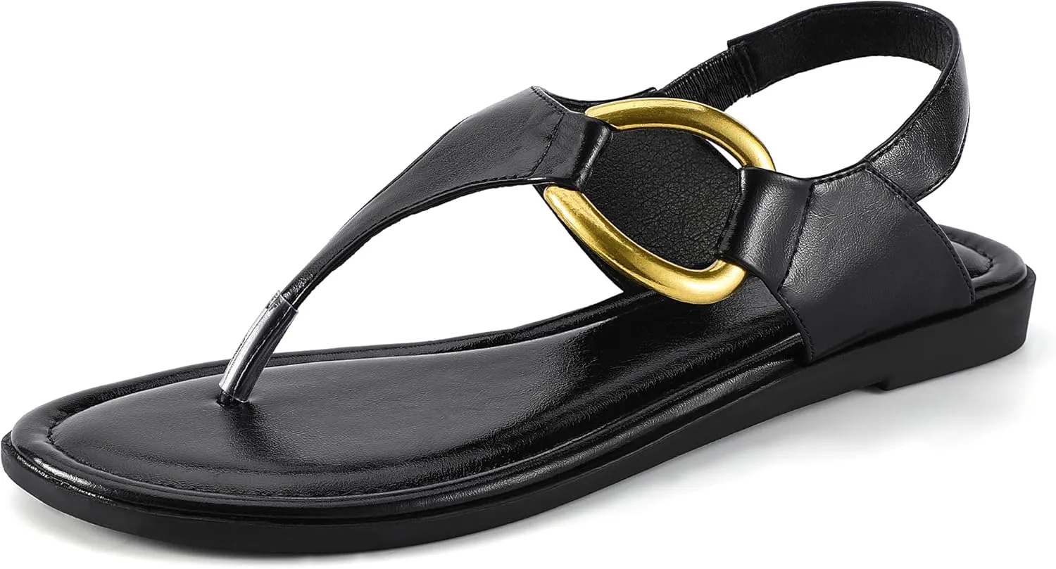 IDIFU Women's Dressy Flat Sandals Dress Thong Sandals T Strap Strappy Buckle Comfortable Sandals Summer Beach Wedding Bridal Cute Ladies Casual Fashion Trendy Flip Flops with Back Strap Flat Sandals