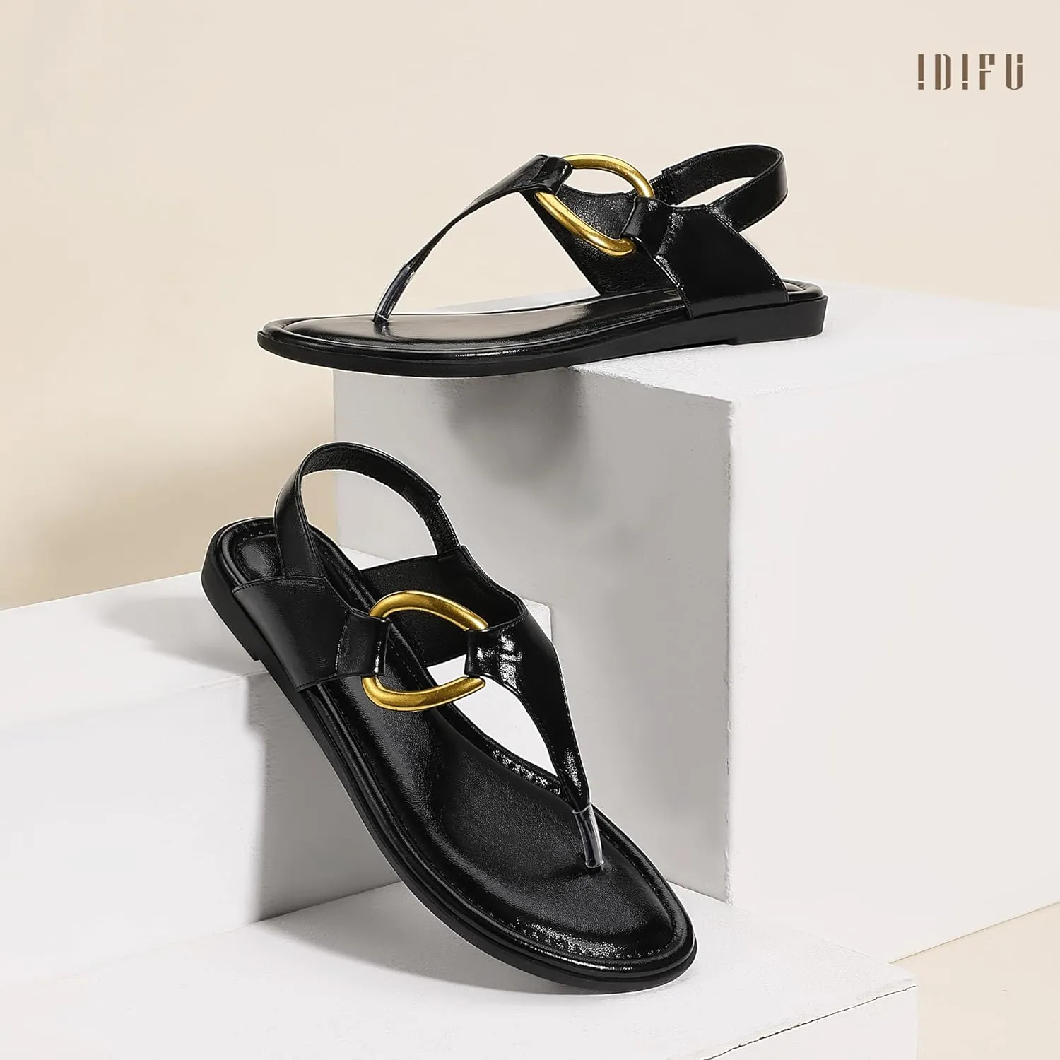 IDIFU Women's Dressy Flat Sandals Dress Thong Sandals T Strap Strappy Buckle Comfortable Sandals Summer Beach Wedding Bridal Cute Ladies Casual Fashion Trendy Flip Flops with Back Strap Flat Sandals