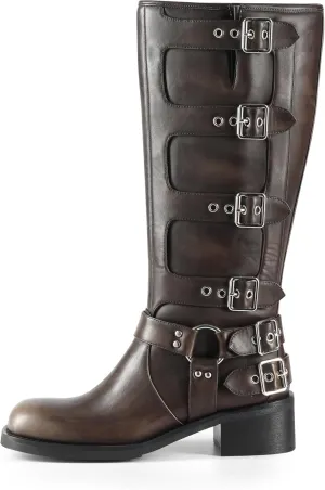 iiimmu Women's Mid Calf Boots 14" Shaft Height Buckle Strap Gothic Motorcycle Boots Retro Punk Style Combat Riding Boot