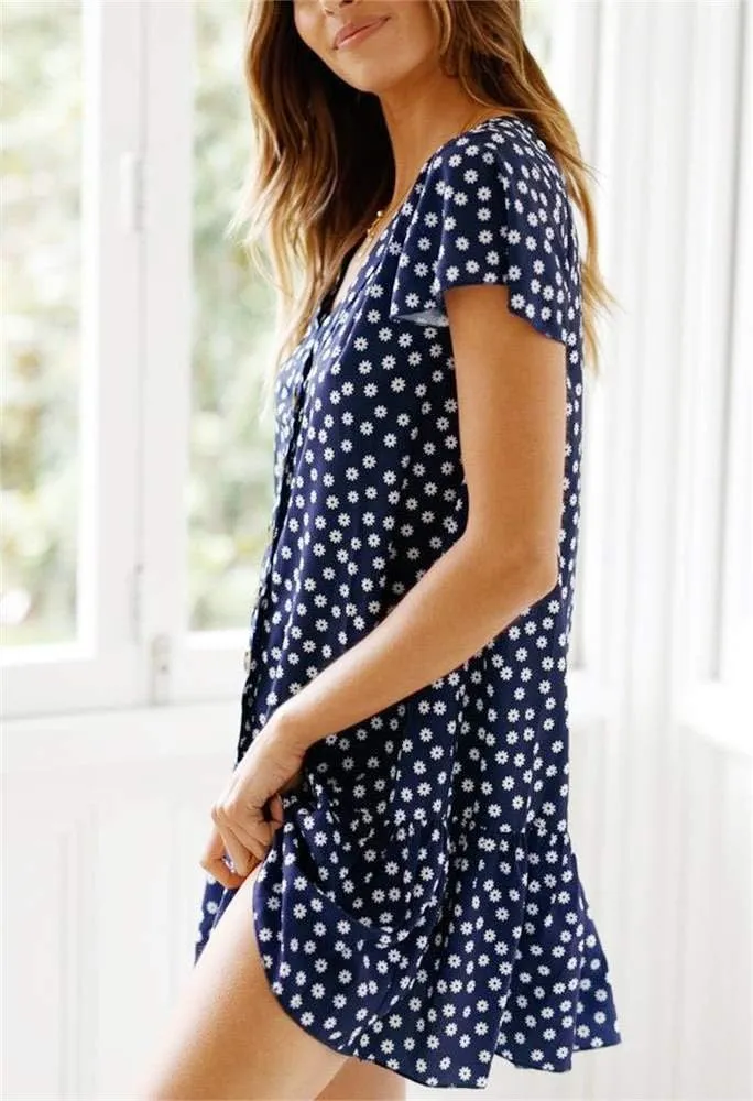 Imysty Womens Polka Dot V Neck Button Down Ruffles Loose Mini Short T-Shirt Dress