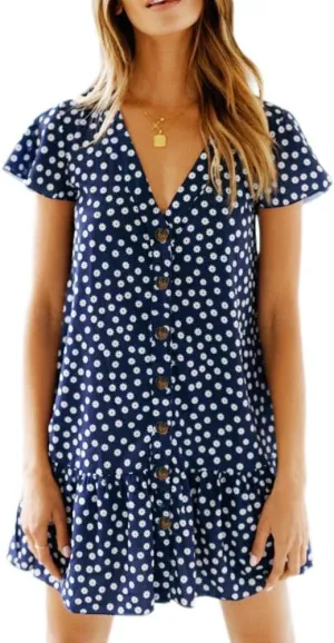 Imysty Womens Polka Dot V Neck Button Down Ruffles Loose Mini Short T-Shirt Dress