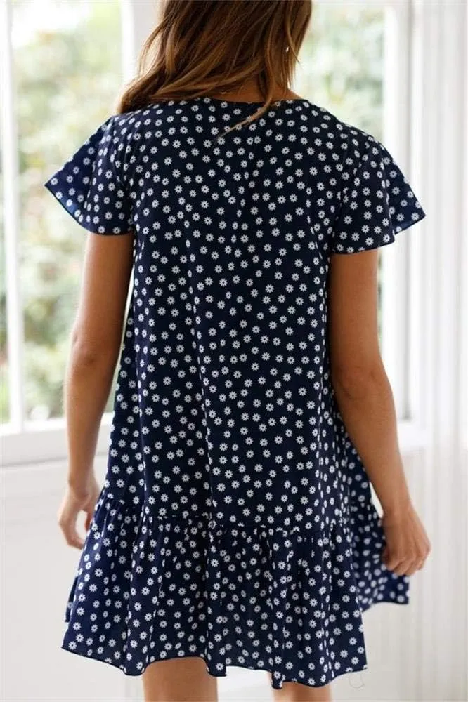 Imysty Womens Polka Dot V Neck Button Down Ruffles Loose Mini Short T-Shirt Dress