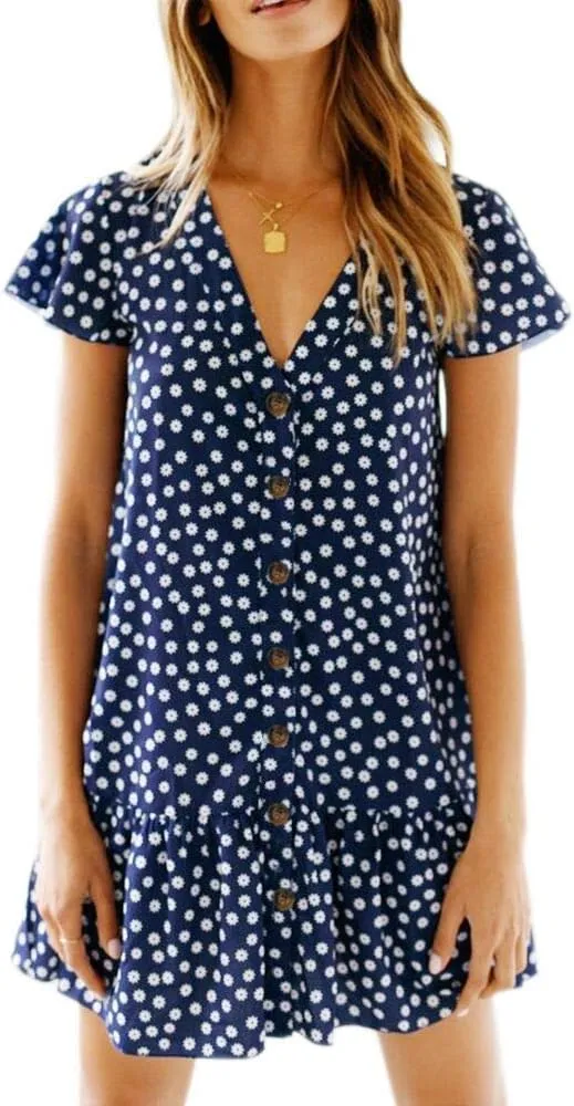 Imysty Womens Polka Dot V Neck Button Down Ruffles Loose Mini Short T-Shirt Dress