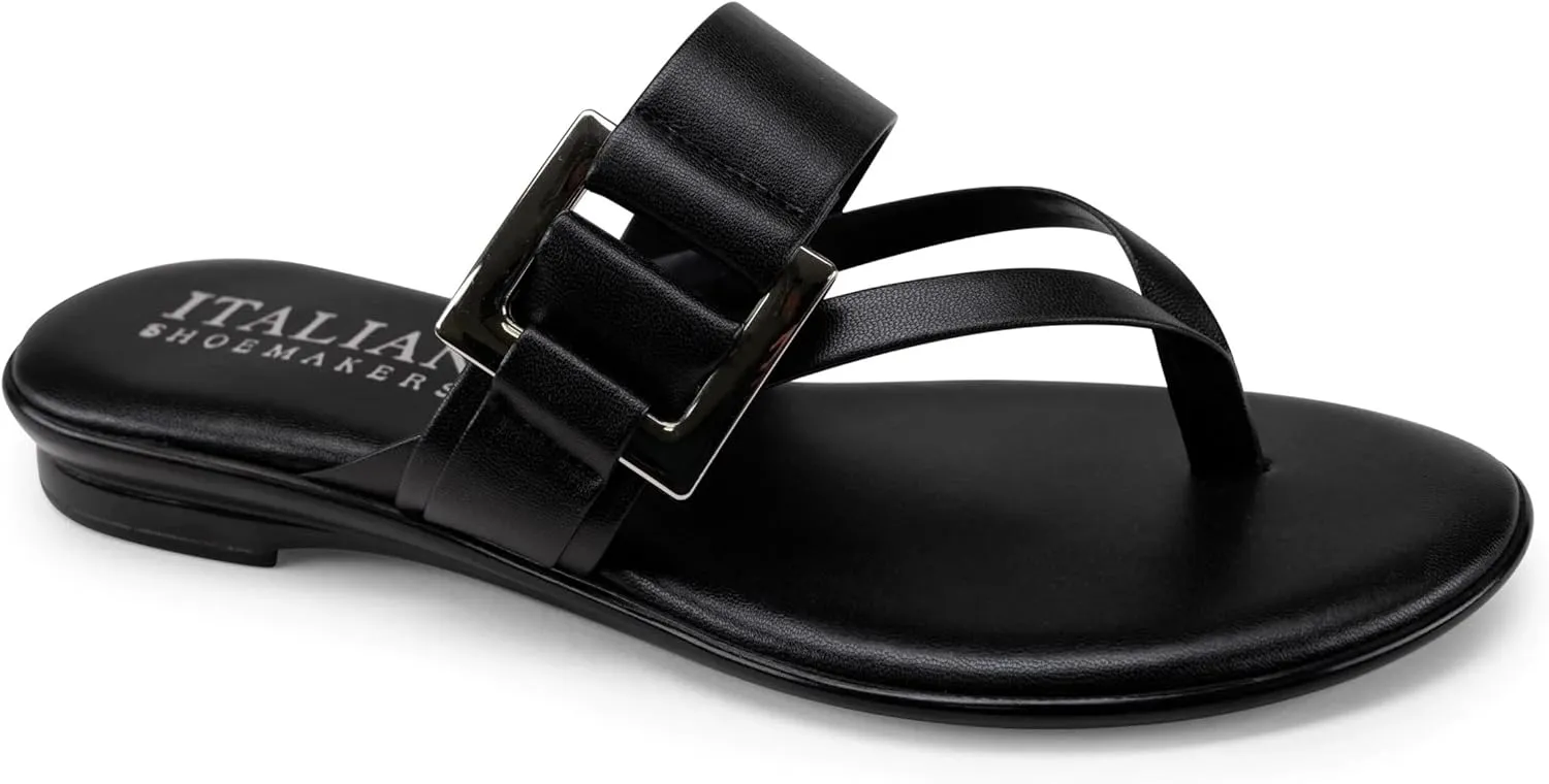 ITALIAN Shoemakers Corinne Womens Flat Sandal with Buckle Thong Sandal Black 7