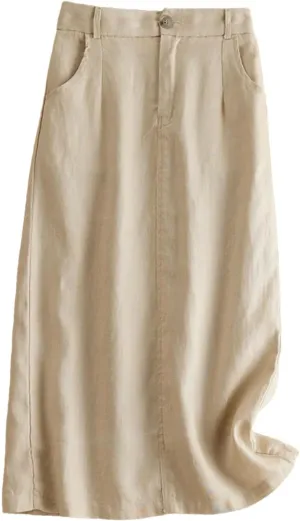 Jegsnoe Women's High Waist Cotton Linen Skirts Autumn Solid Mid-Length Elegant Office Lady Skirt