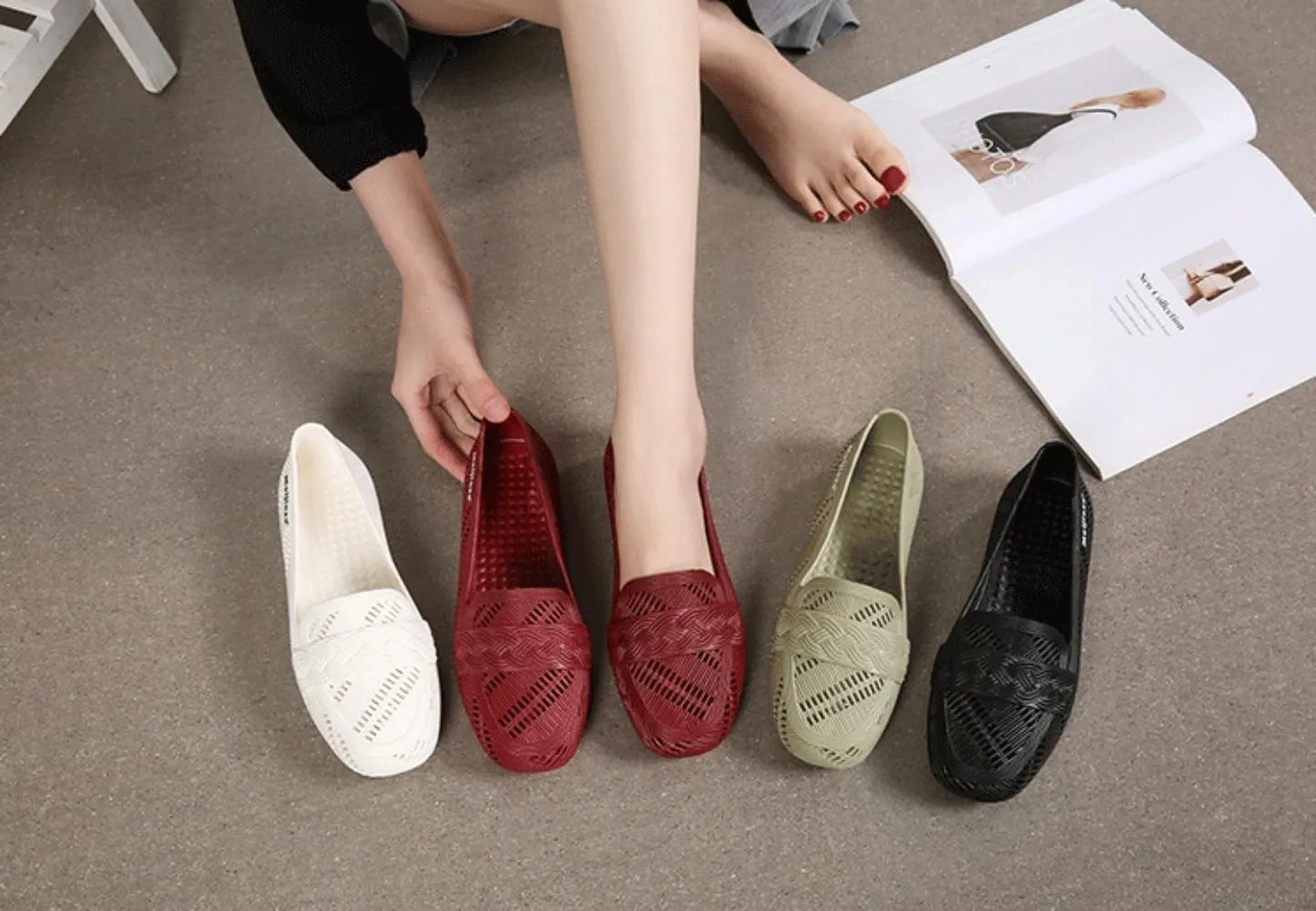 Jelly Ballet Flats for Women Jelly Sandals Hollow Water Slides Slip on Loafers Pumps Round Toe No Slip Sole Lightweight Breathable Waterproof Low Top Cute Ballerina Dress Shoes Office Beach Party