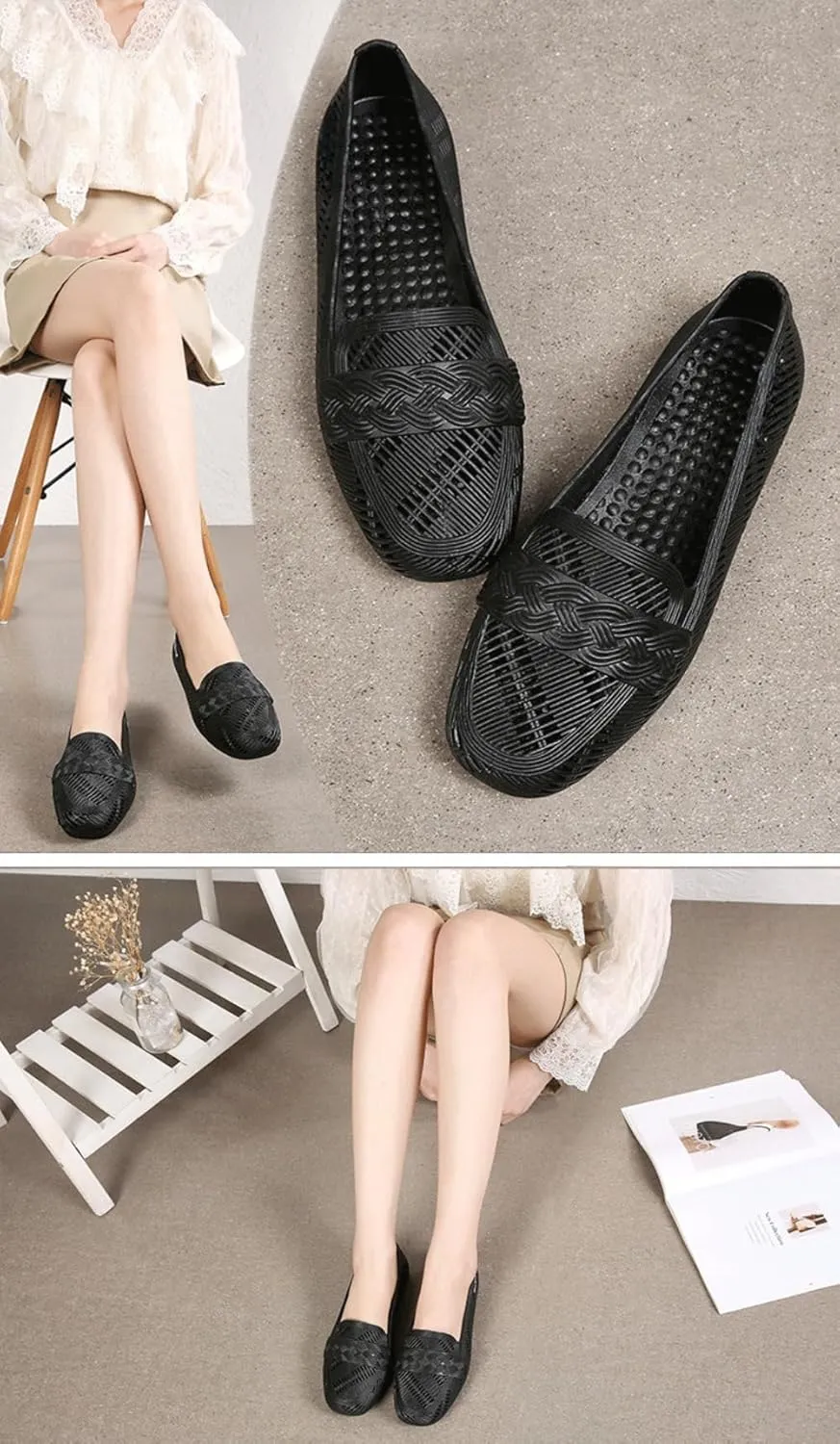 Jelly Ballet Flats for Women Jelly Sandals Hollow Water Slides Slip on Loafers Pumps Round Toe No Slip Sole Lightweight Breathable Waterproof Low Top Cute Ballerina Dress Shoes Office Beach Party