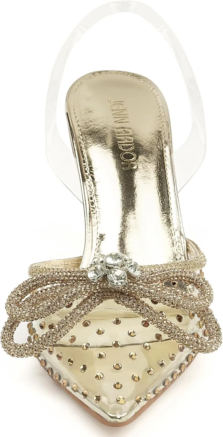 JENN ARDOR Slingback Heels for Women Low Heels Dress Shoes Bow Kitten Pumps Rhinestone Dressy Heeled Sandals