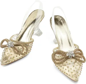 JENN ARDOR Slingback Heels for Women Low Heels Dress Shoes Bow Kitten Pumps Rhinestone Dressy Heeled Sandals