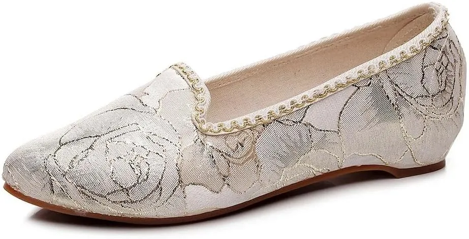 JYHBHMZG Gold Embroidery Women Pointy Toe Slip On Ballet Flats Comfortable Elegant Casual Ballerinas Shoes for Ladies Beige
