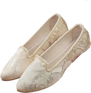JYHBHMZG Gold Embroidery Women Pointy Toe Slip On Ballet Flats Comfortable Elegant Casual Ballerinas Shoes for Ladies Beige